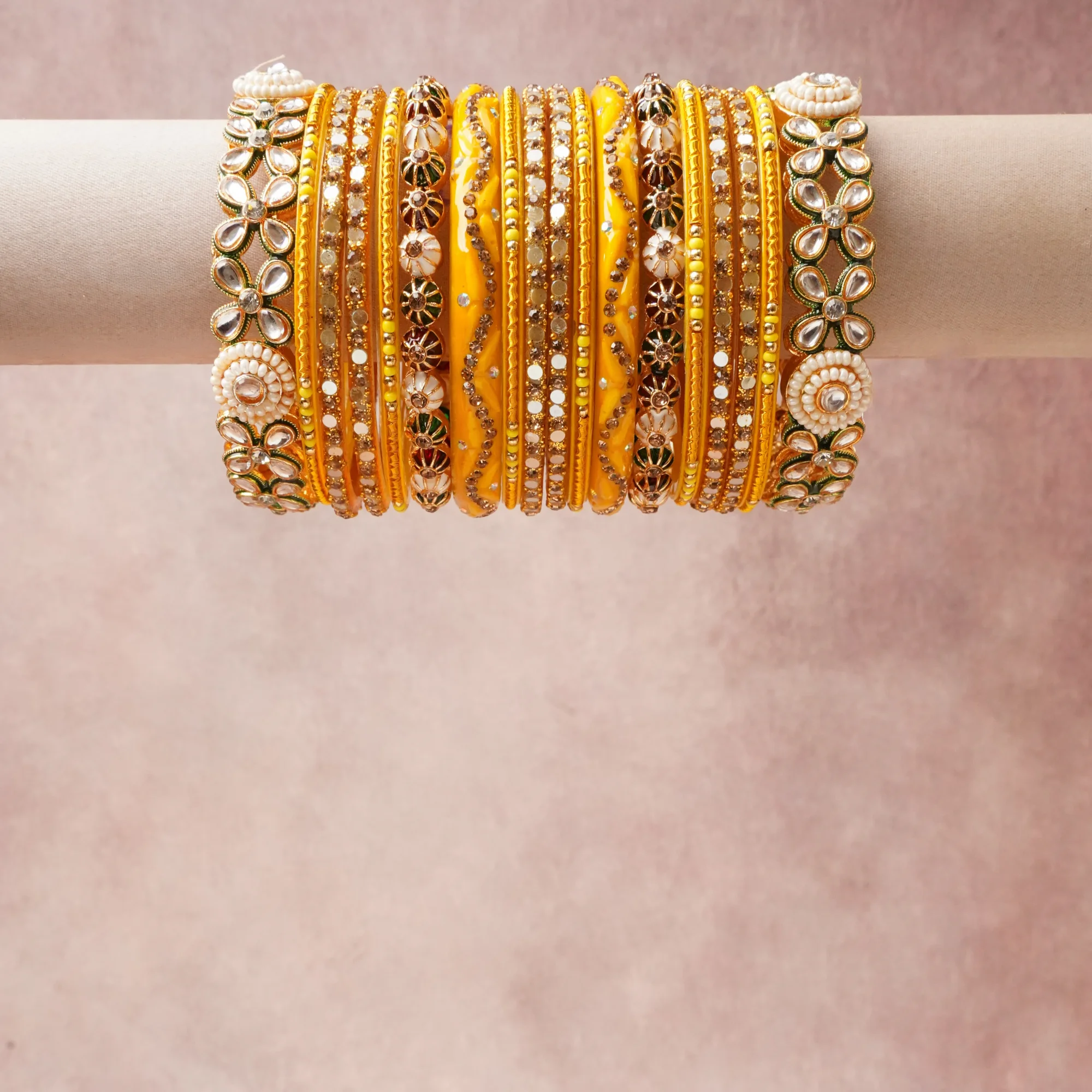 A majestic Marigold Yellow set, complemented by Clear Crystal, Antique Gold, Mint Green, Off-White, Lemon Yellow featuring Gold-Toned Metal, Foil-Backed Glass Stones, Faux Seed Pearls, Opaque Enamel, Glass Beads.
Rich, ceremonial, and designed to be passed through generations.